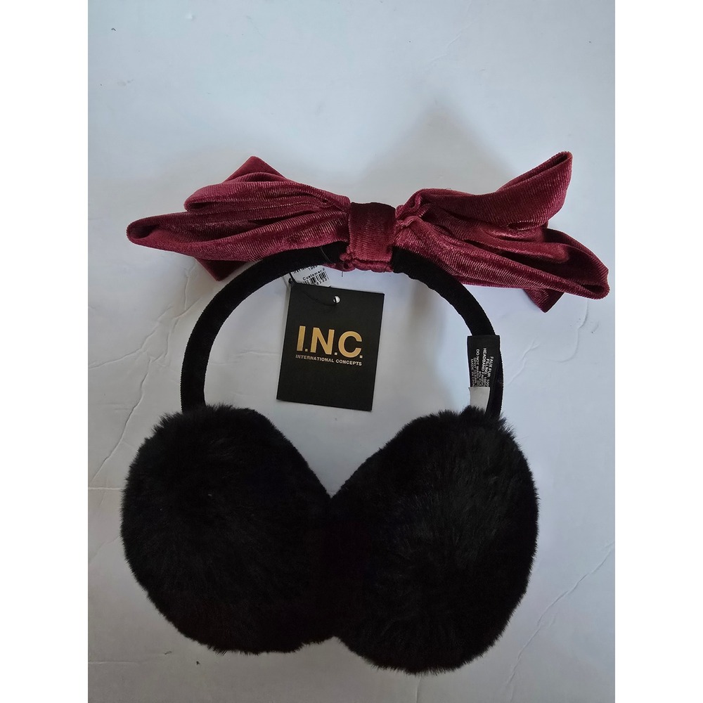 INC International Concepts Earmuffs Black Faux Fur Burgundy Velvet Bow NWT